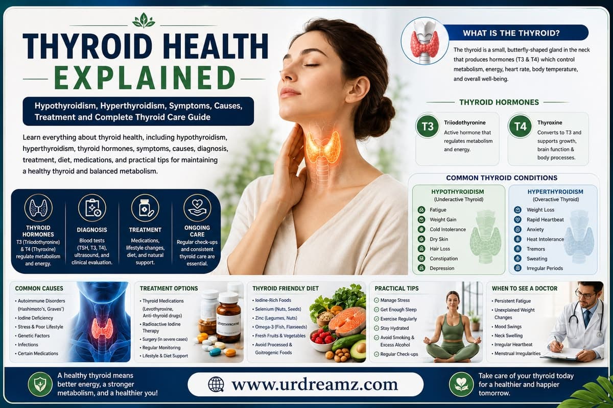 Thyroid Health Explained: Hypothyroidism, Hyperthyroidism, Symptoms, Causes, Treatment and Complete Thyroid Care Guide