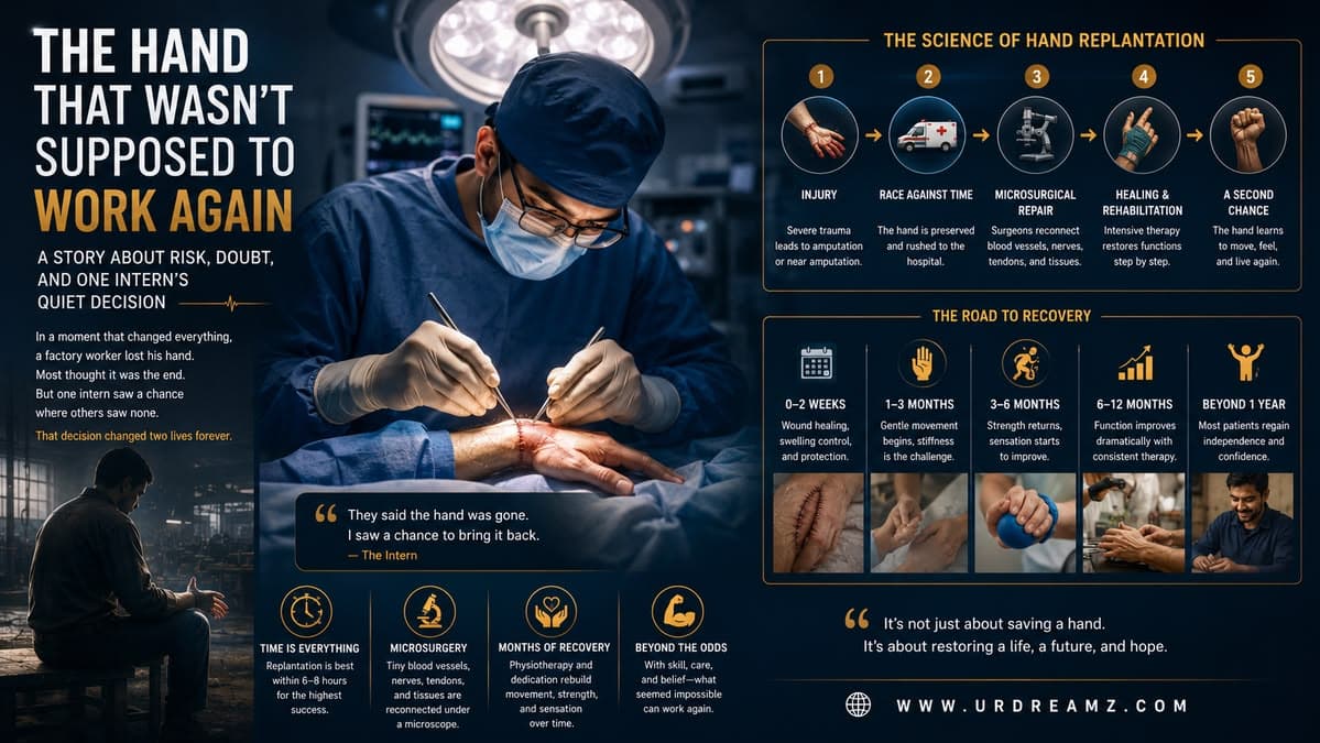An inspiring story about a factory worker's severed hand, the intern who refused to give up on it, and the real, remarkable science of hand replantation surgery — timing, microsurgery, and months of recovery. - secondary image