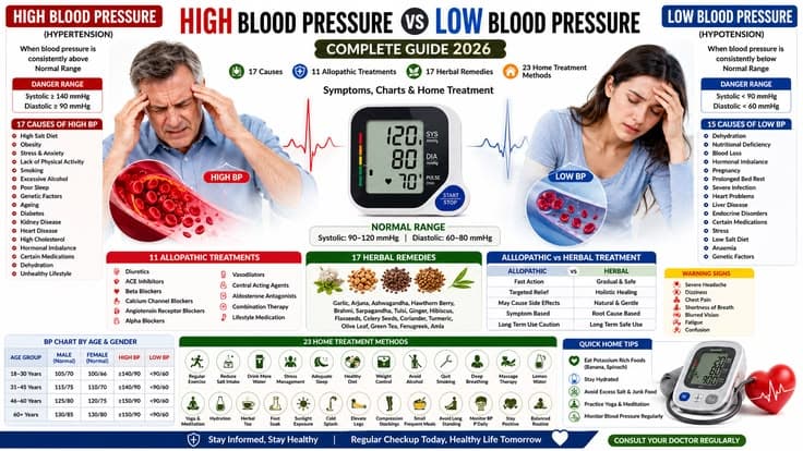 High Blood Pressure vs Low Blood Pressure: Complete Guide — 17 Causes, 11 Allopathic Treatments, 17 Herbal Remedies, Symptoms, Charts & Home Treatment (2026)