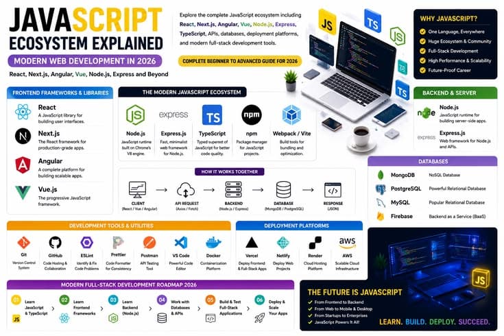 JavaScript Ecosystem Explained: React, Next.js, Angular, Vue, Node.js, Express and Modern Web Development in 2026