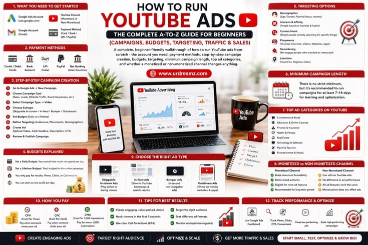How to Run YouTube Ads: The Complete A-to-Z Guide for Beginners (Campaigns, Budgets, Targeting, Traffic and Sales)