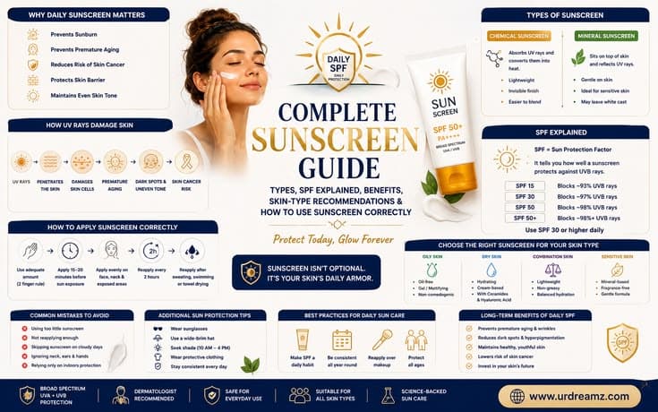 Complete Sunscreen Guide: Types, SPF Explained, Benefits, Skin-Type Recommendations and How to Use Sunscreen Correctly