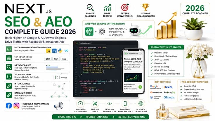 Next.js SEO & AEO Complete Guide 2026 — Programming Languages Comparison, SSR vs CSR, Metadata, JSON-LD Schema, Answer Engine Optimization, Internal Links, Backlinks & How to Drive Traffic with Facebook & Instagram Ads