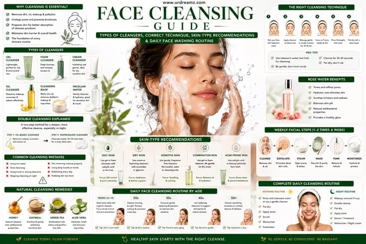 Face Cleansing Guide: Types of Cleansers, Correct Technique, Skin-Type Recommendations and Daily Face Washing Routine