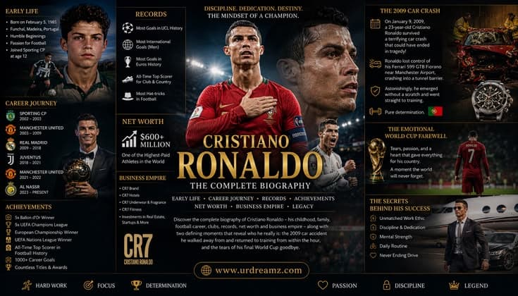 Cristiano Ronaldo Biography: Early Life, Career Journey, Records, Achievements, Net Worth, the Car Crash That Revealed His Discipline, His Emotional World Cup Farewell and the Secrets Behind His Success