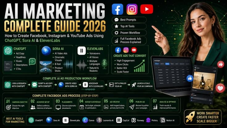 AI Marketing Complete Guide 2026 — How to Create Facebook, Instagram & YouTube Ads Using ChatGPT, Sora AI & ElevenLabs + Best Prompts, Tools, Workflow & Full Facebook Ads Process Explained