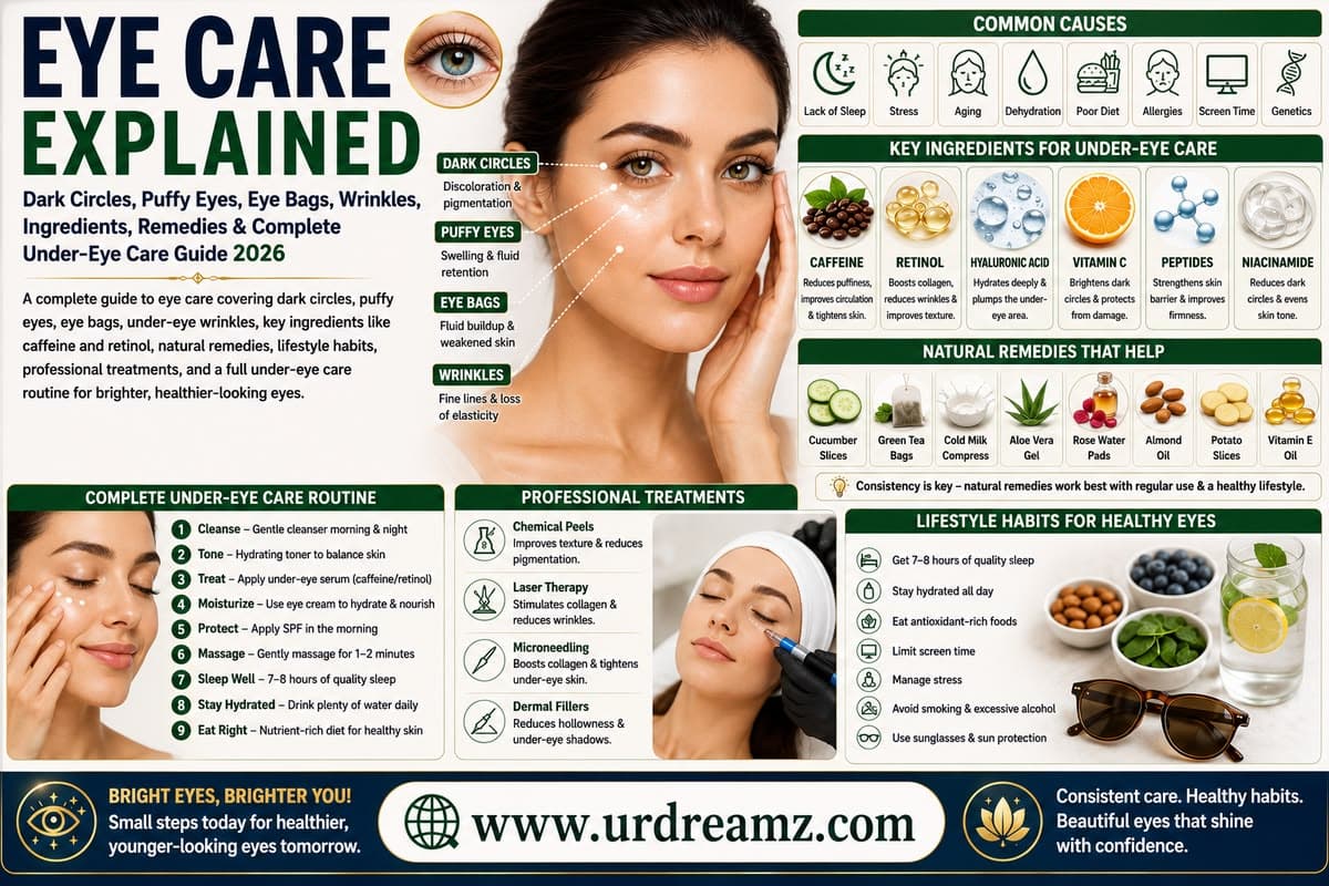Eye Care Explained: Dark Circles, Puffy Eyes, Eye Bags, Wrinkles, Ingredients, Remedies & Complete Under-Eye Care Guide 2026