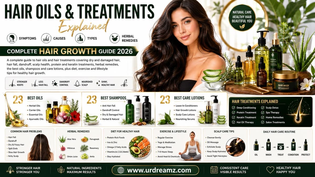 Hair Oils & Treatments Explained: Symptoms, Causes, Types, Herbal Remedies, 23 Best Oils, 23 Best Shampoos, 23 Best Care Lotions & Complete Hair Growth Guide 2026