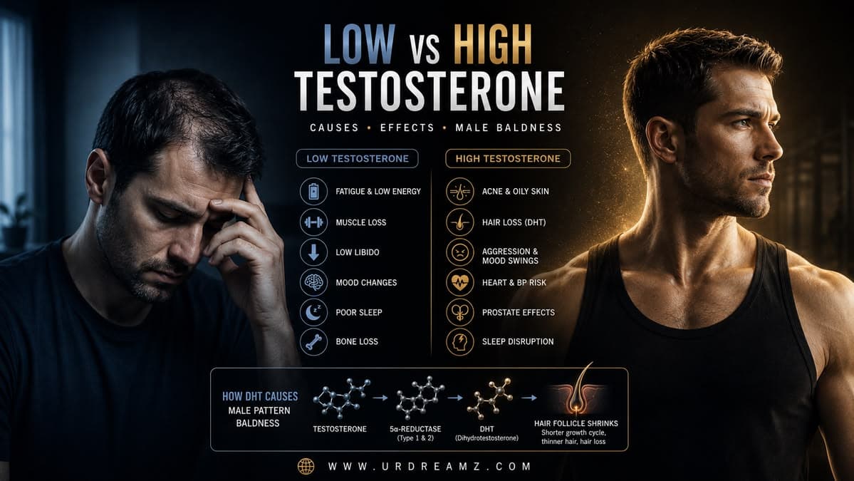 Low vs High Testosterone: Causes, Health Effects & Male Baldness Explained