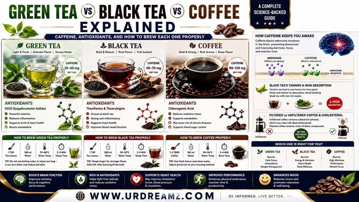 Green Tea vs Black Tea vs Coffee Explained: Caffeine, Antioxidants, and How to Brew Each One Properly