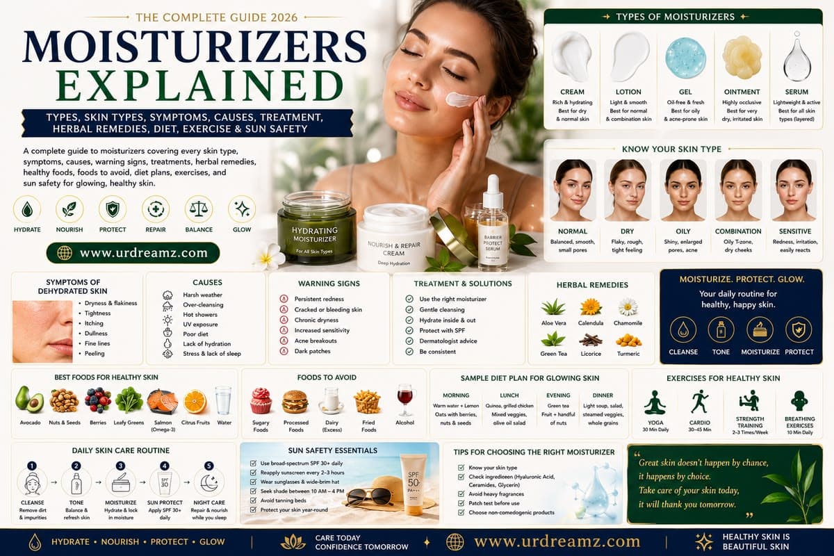 Moisturizers Explained: Types, Skin Types, Symptoms, Causes, Treatment, Herbal Remedies, Diet, Exercise & Sun Safety — The Complete Guide 2026