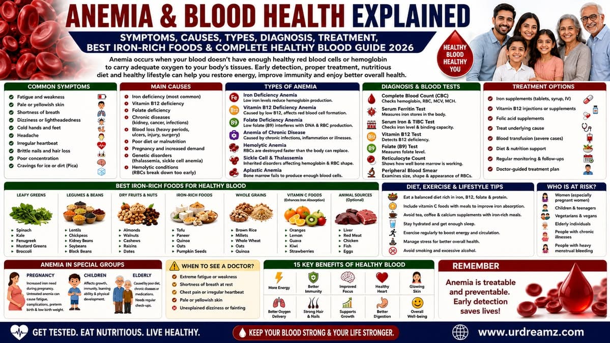 Anemia & Blood Health Explained: Symptoms, Causes, Types, Diagnosis, Treatment, Best Iron-Rich Foods & Complete Healthy Blood Guide 2026
