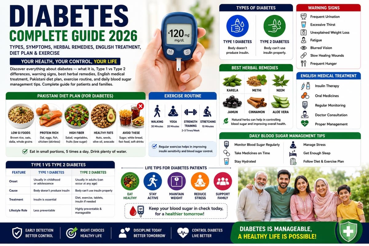 Diabetes Complete Guide 2026: Types, Symptoms, Herbal Remedies, English Treatment, Diet Plan and Exercise