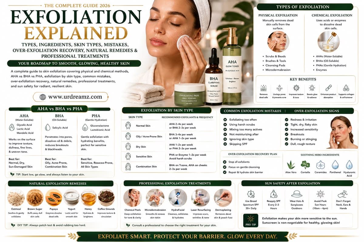 Exfoliation Explained: Types, Ingredients, Skin Types, Mistakes, Over-Exfoliation Recovery, Natural Remedies & Professional Treatments — The Complete Guide 2026