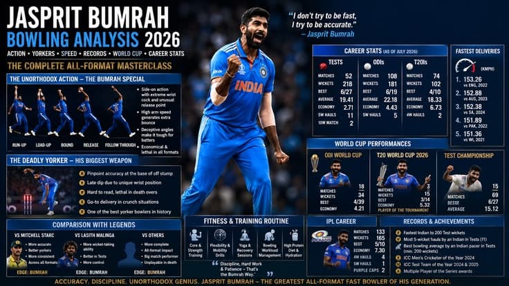 Jasprit Bumrah Bowling Analysis 2026 — Action, Yorkers, Speed, Records, World Cup Performances & Complete Career Stats
