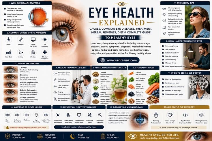 Eye Health Explained: Causes, Common Eye Diseases, Treatment, Herbal Remedies, Diet and Complete Guide to Healthy Eyes