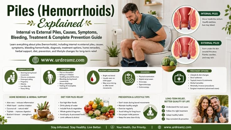 Piles (Hemorrhoids) Explained: Internal vs External Piles, Causes, Symptoms, Bleeding, Treatment and Complete Prevention Guide