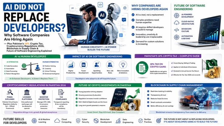AI Did Not Replace Developers? Why Software Companies Are Hiring Again — Plus Pakistan's 18% Crypto Tax, Cryptocurrency Regulations 2026, Blockchain in Supply Chain & Future of Software Engineering Explained