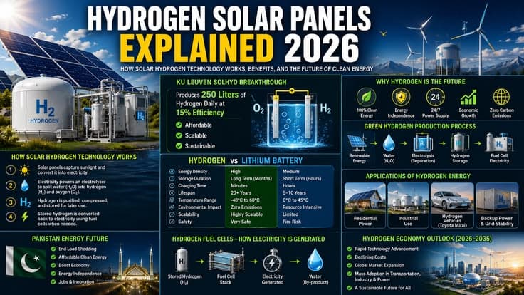 Hydrogen Solar Panels Explained 2026 — How Solar Hydrogen Technology Works, Hydrogen vs Lithium Battery Comparison, Green Hydrogen Production, Fuel Cell Systems, Pakistan Energy Future & Complete Guide