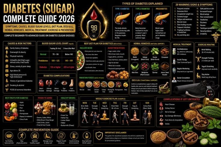 Diabetes (Sugar) Complete Guide 2026: Symptoms, Causes, Blood Sugar Levels, Diet Plan, Desi Ilaj, Herbal Remedies, Medical Treatment, Exercise and Prevention