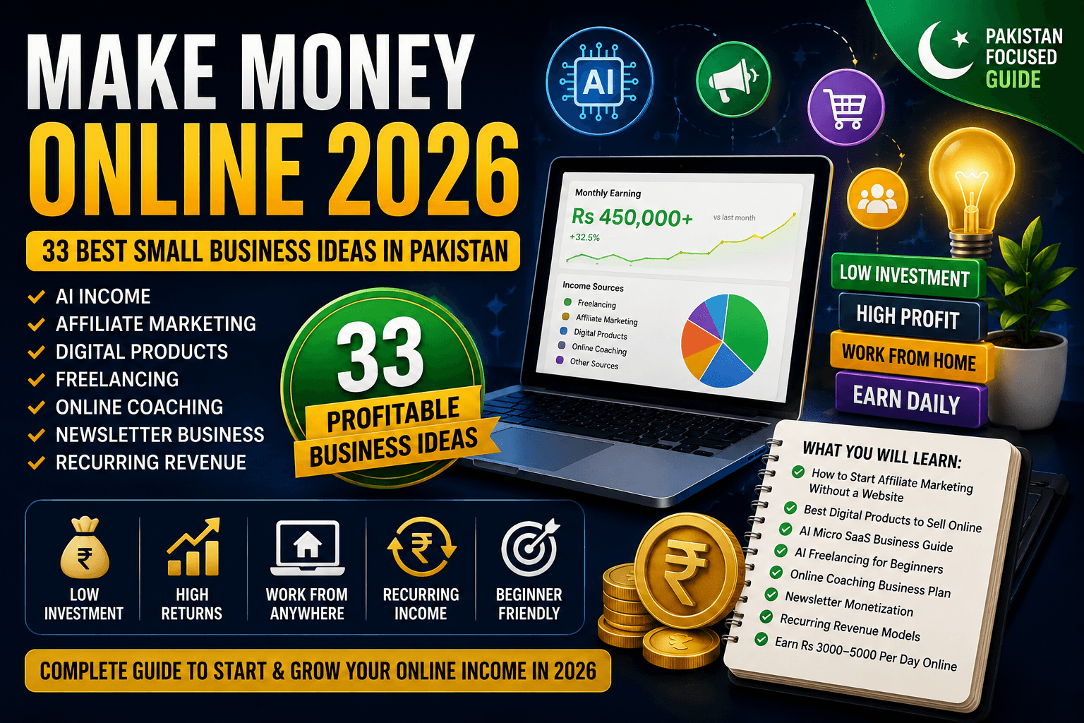 Make Money Online 2026 — 33 Best Small Business Ideas in Pakistan, AI Income, Affiliate Marketing, Digital Products, Freelancing, Online Coaching, Newsletter Business & Recurring Revenue Complete Guide