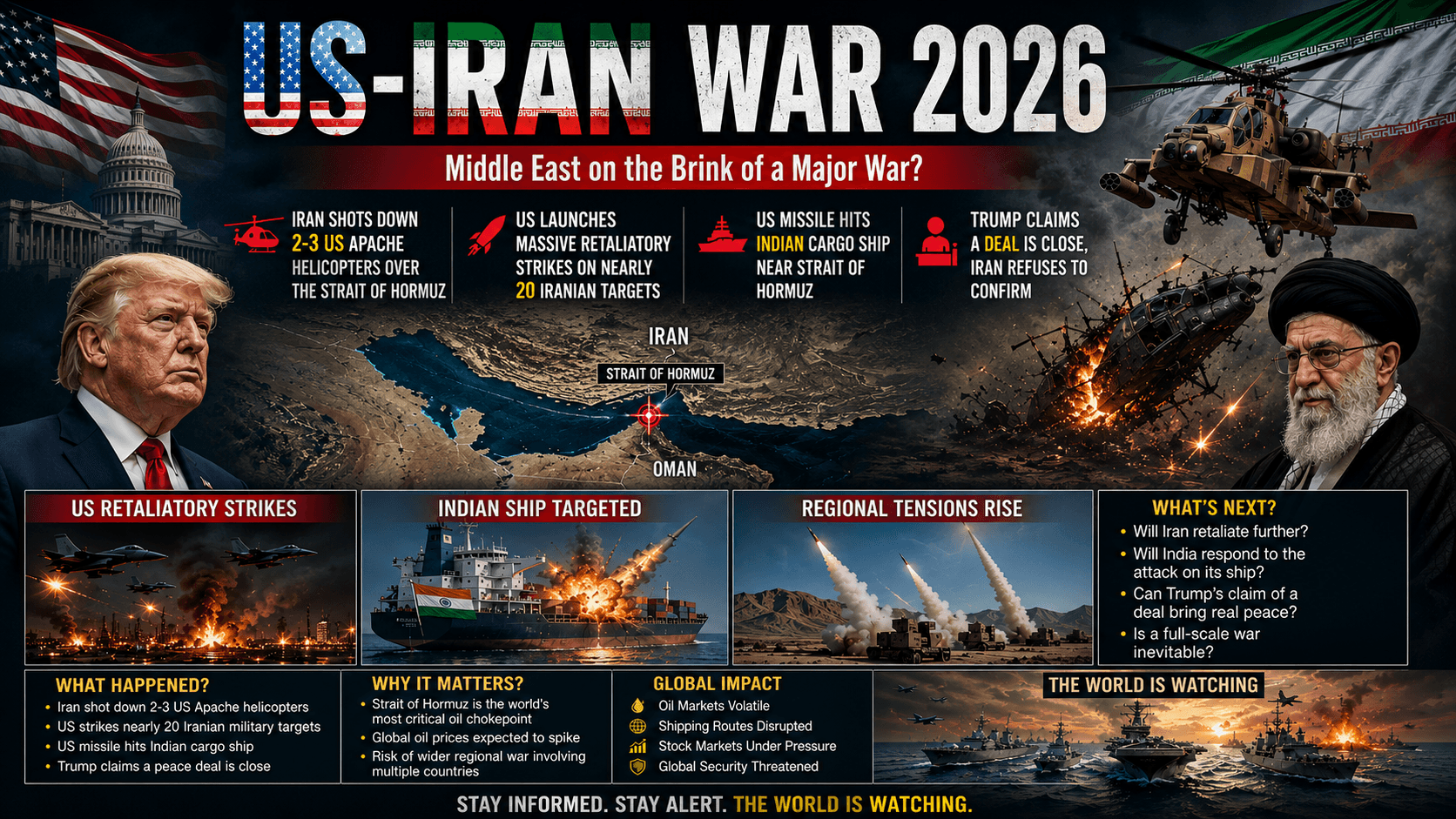 US-Iran War 2026: America Destroys Iranian Helicopters, India Ship Targeted Near Hormuz, Trump Claims Deal — Complete War Analysis