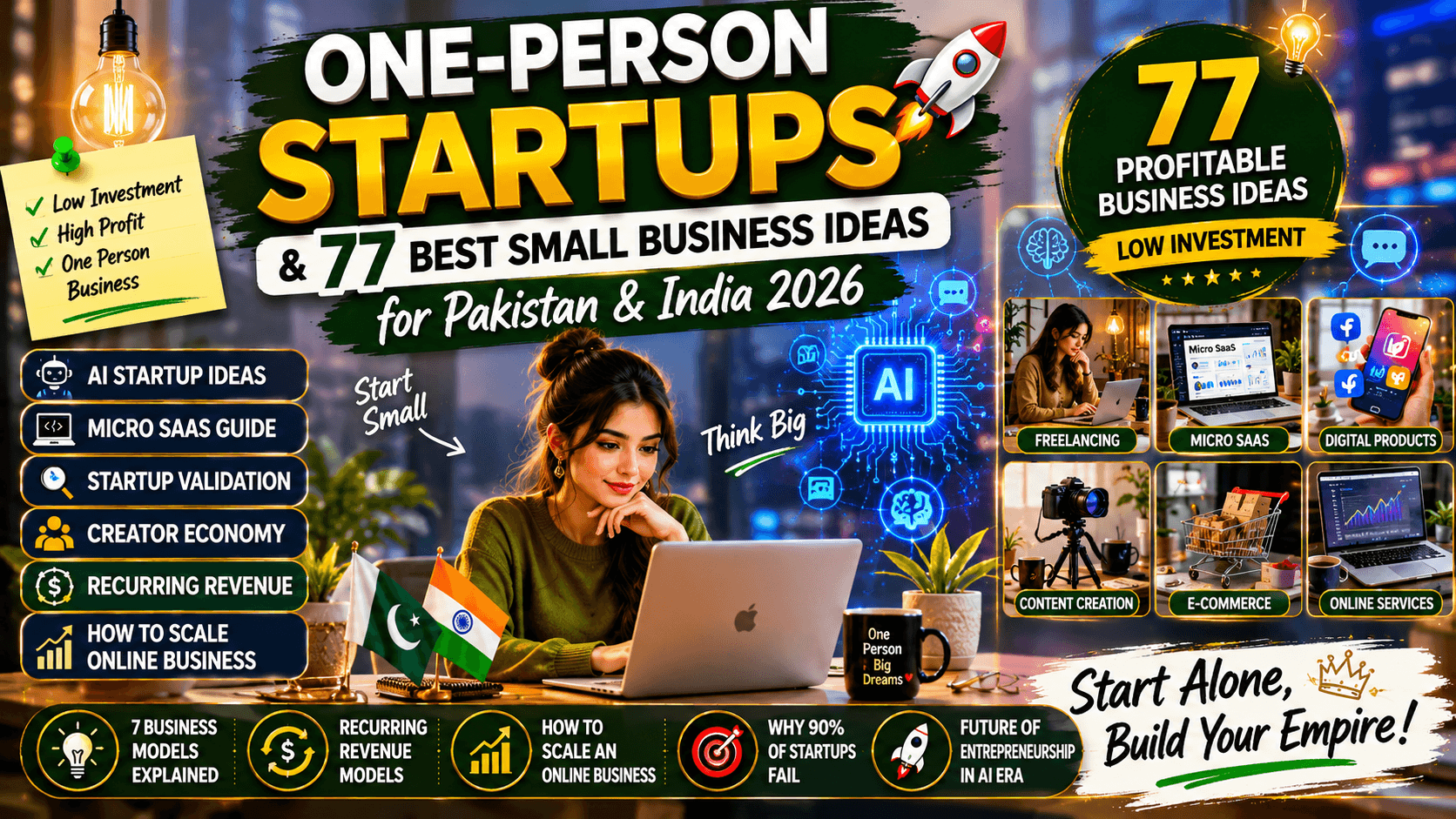 One-Person Startups & 77 Best Small Business Ideas for Pakistan & India 2026 — AI Startup Ideas, Micro SaaS Guide, Startup Validation, Creator Economy, Business Models, Recurring Revenue & How to Scale an Online Business